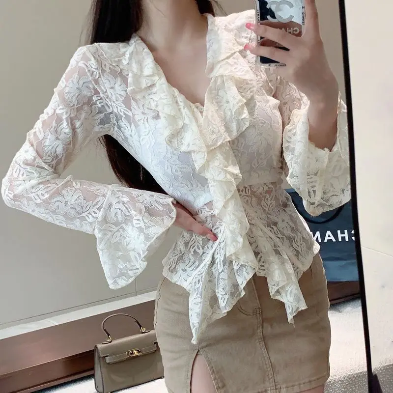 Hollow Out Shirts and Blouses Korea Petal Sleeve Fashion Woman Blouse 2024 Ruffles Long Sleeve Tops Slim Elegant Clothes 2024