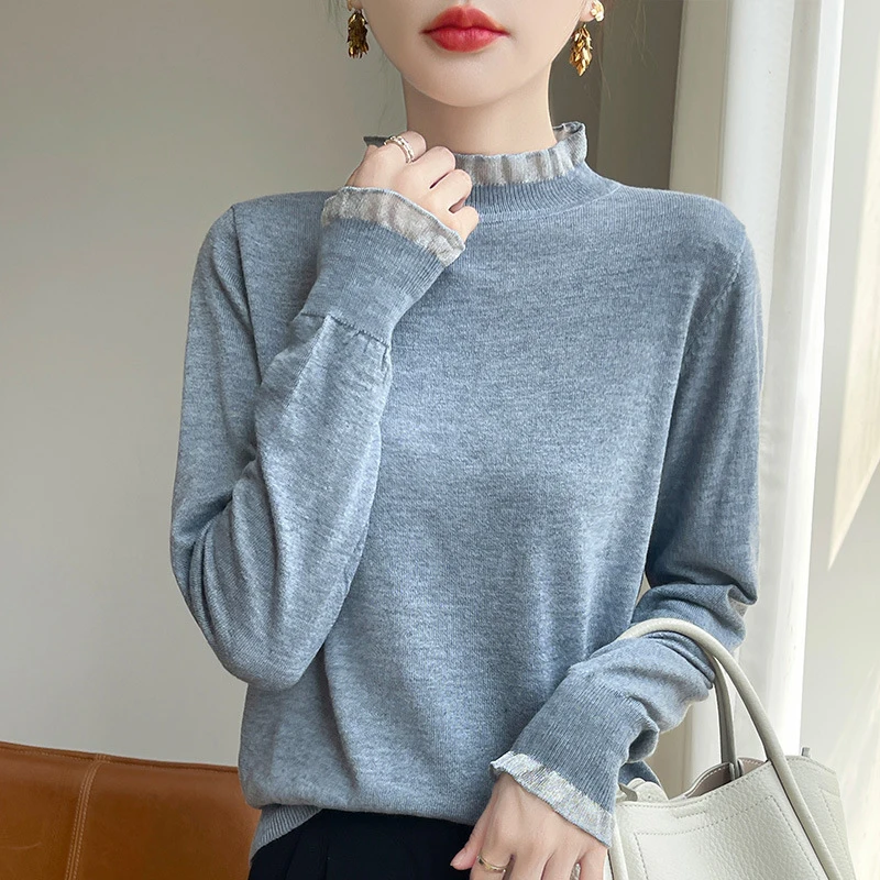 

Fashion Mesh Round Neck Sweater Women Autumn Winter Solid Color Knit Jumpers Woman 2025 Loose Long Sleeve Sweaters Female