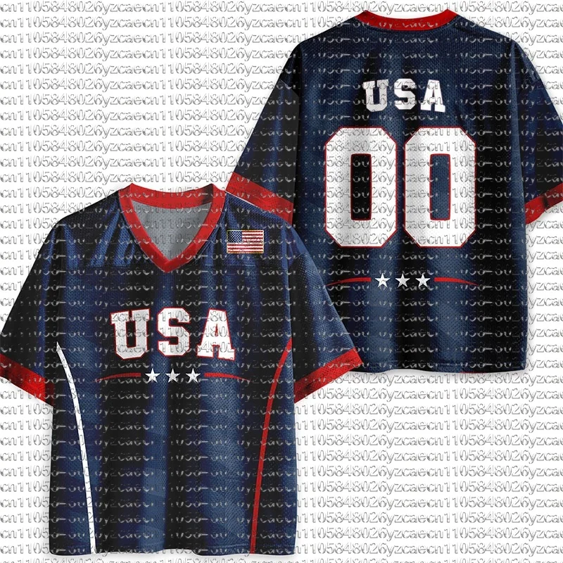 Retro USA Flag Print Football Jersey Navy Red Contrast Quick Dry Short Sleeve Unisex Men Women Fashion Oversized Sports T Shirt