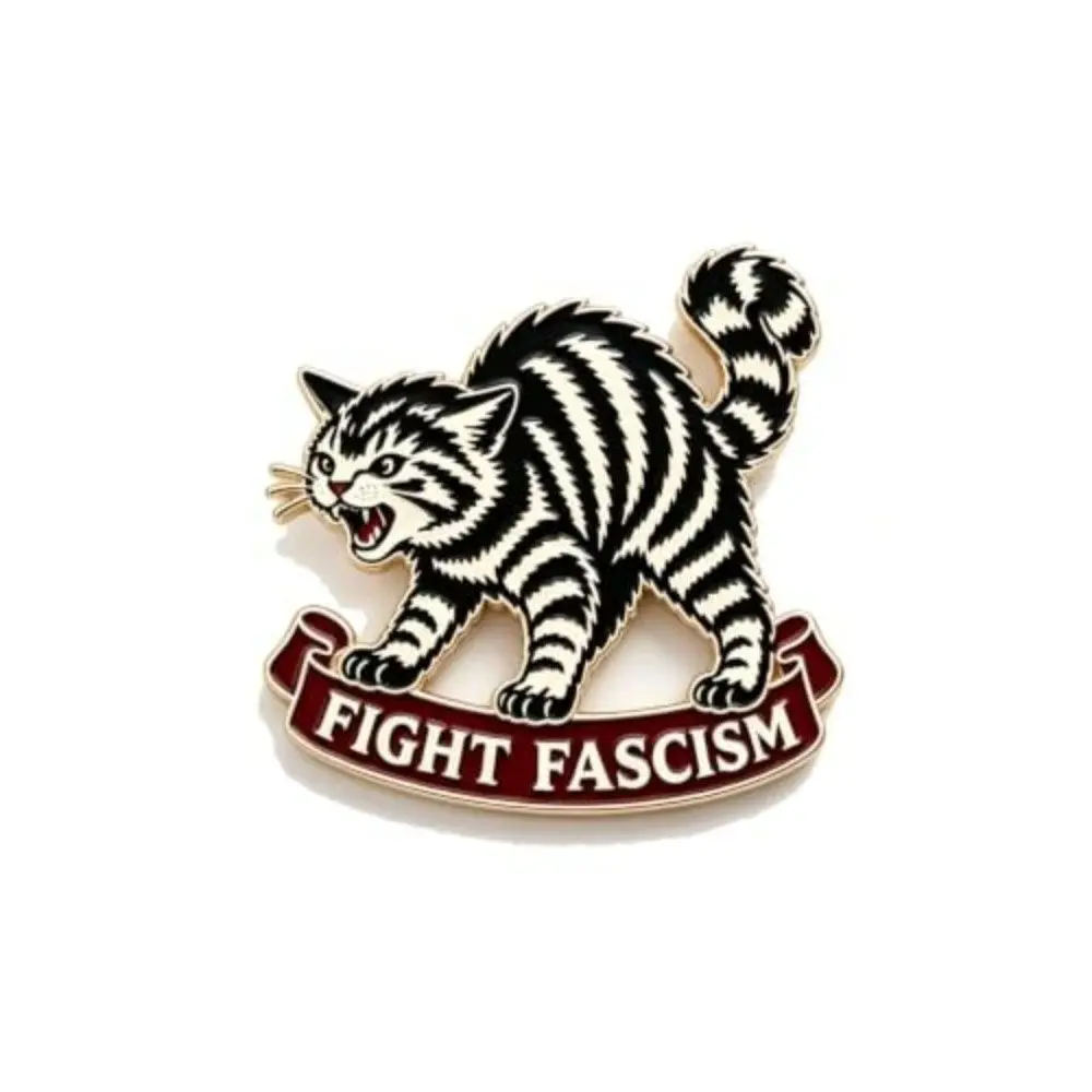 Enamel Fight Fascism Cat Pin Striped Cat with Red Banner Anti Fascist Brooch Bold Statement Tattoo Flash Lapel Pin