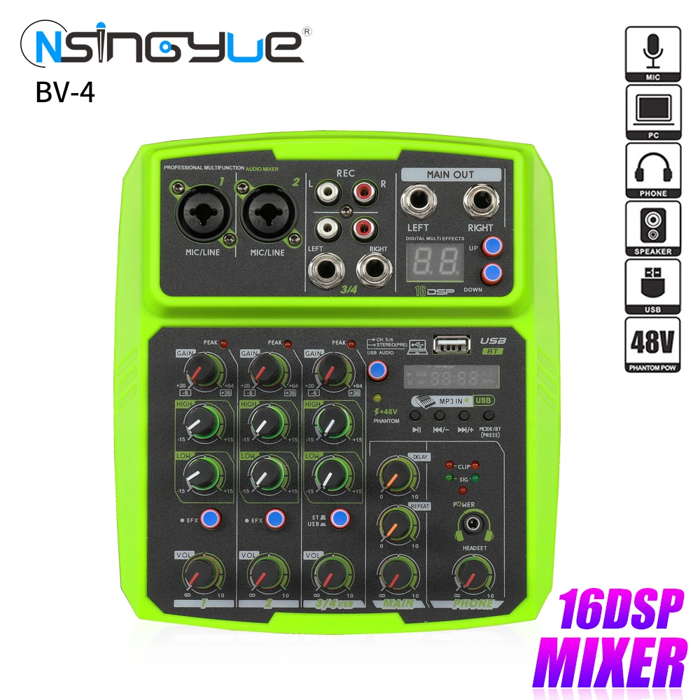 

BV4 Portable 4 Channels Audio Mixer USB Mixing Console Supports BT Connection with Sound Card Built-in 48V Phantom Power