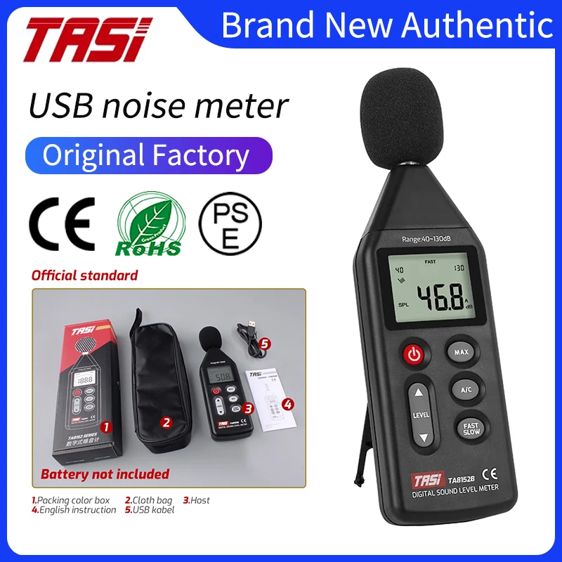 

TASI TA8152B Digital Sound Level Meter Noise Meter USB Data Contaction LCD Display 40-130dB Tester Volume Decibel Measuring