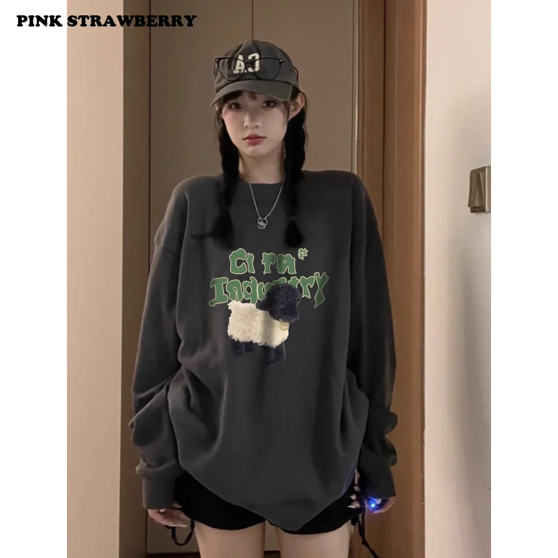 Felpa bianca con stampa di agnello carino Donna Autunno 2025 Nuovo 100% cotone Oversize O-Collo Felpa con cappuccio Pullover Y2K Top vestiti kawaii