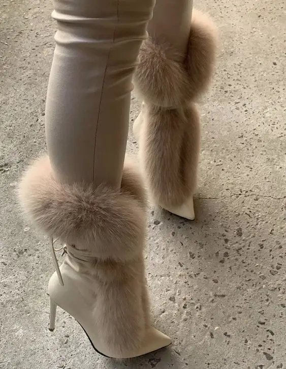 White\\Beige Fur Mid Calf Boots Women High Heels Pointed Toe 2024 New in Winter Warm Boot Luxury Designer Big Size Sexy Shoes