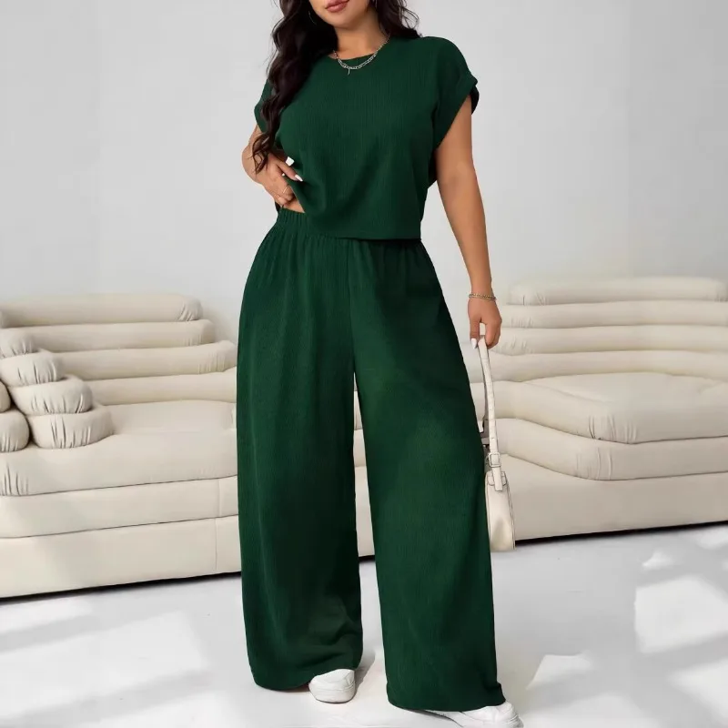 

Women's Textured 2-Piece Loungewear Set Short Sleeve Top Wide Leg Pants