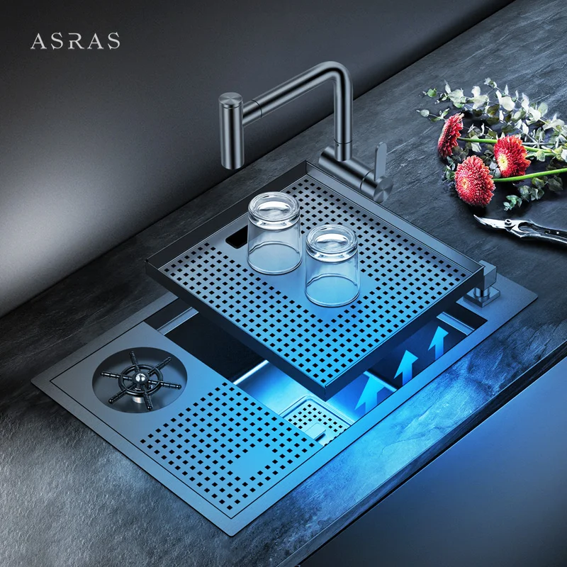 

Asras SUS304 Black Nano Handmade Stepped Cup rinser Sink with Drain Pipe and Kitchen Faucet-6038NX-2