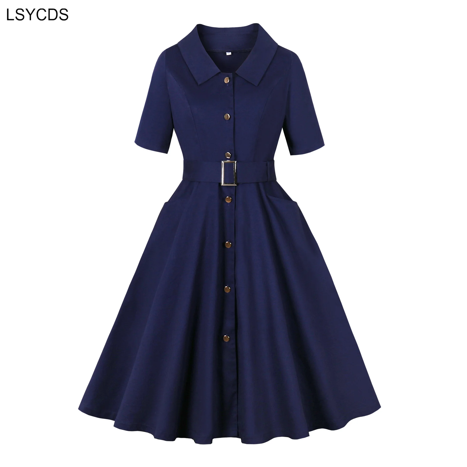 LSYCDS Women Navy Blue Single Breasted Belted Elegant Midi Dresses Half Sleeve Autumn 1950s Vintage Clothing Pockets Solid Dress