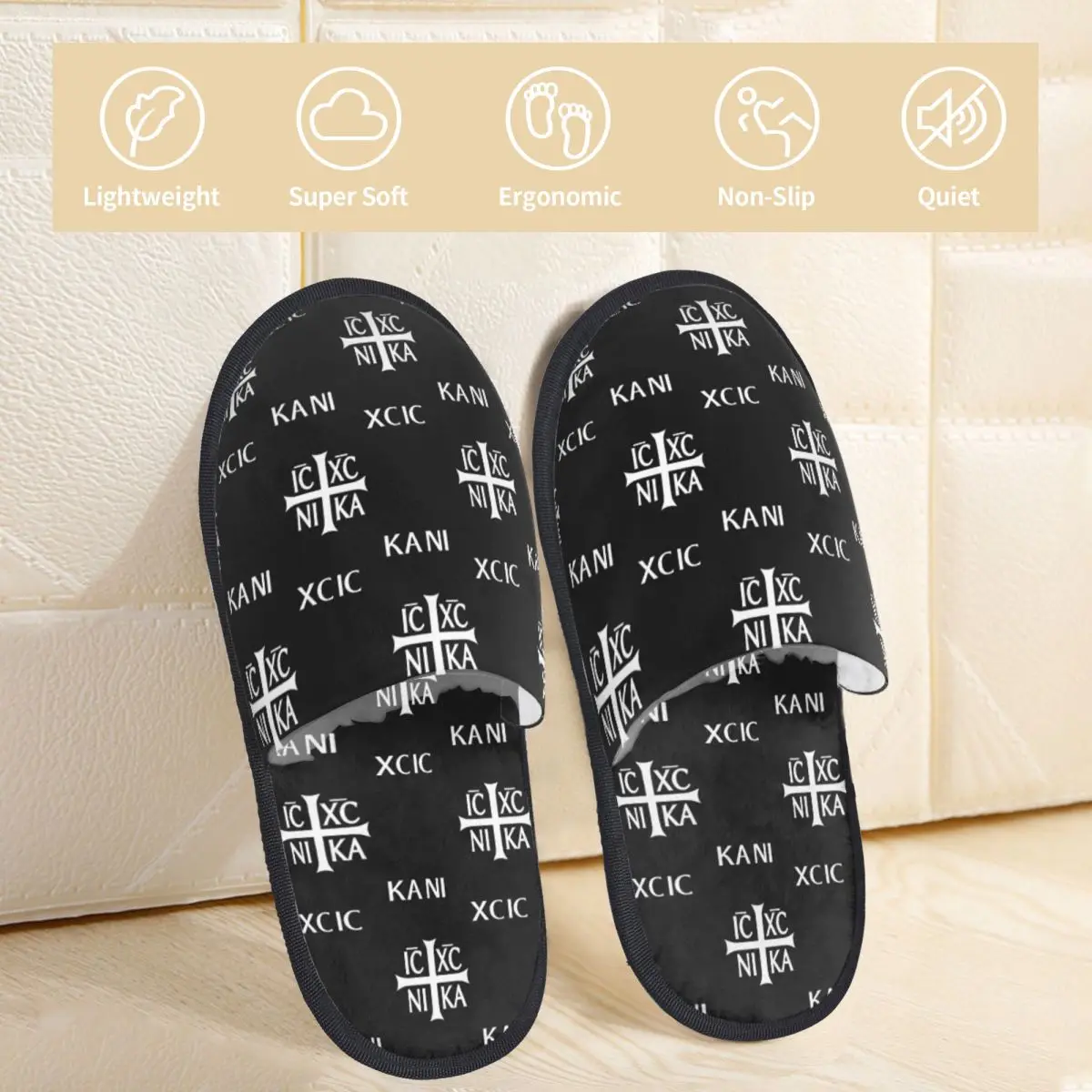 Custom IC XC NIKA Cross Christian Orthodox Jesus Chris Slippers Memory Foam Warm Soft Women House Slipper Bedroom Comfy Shoes - view 3