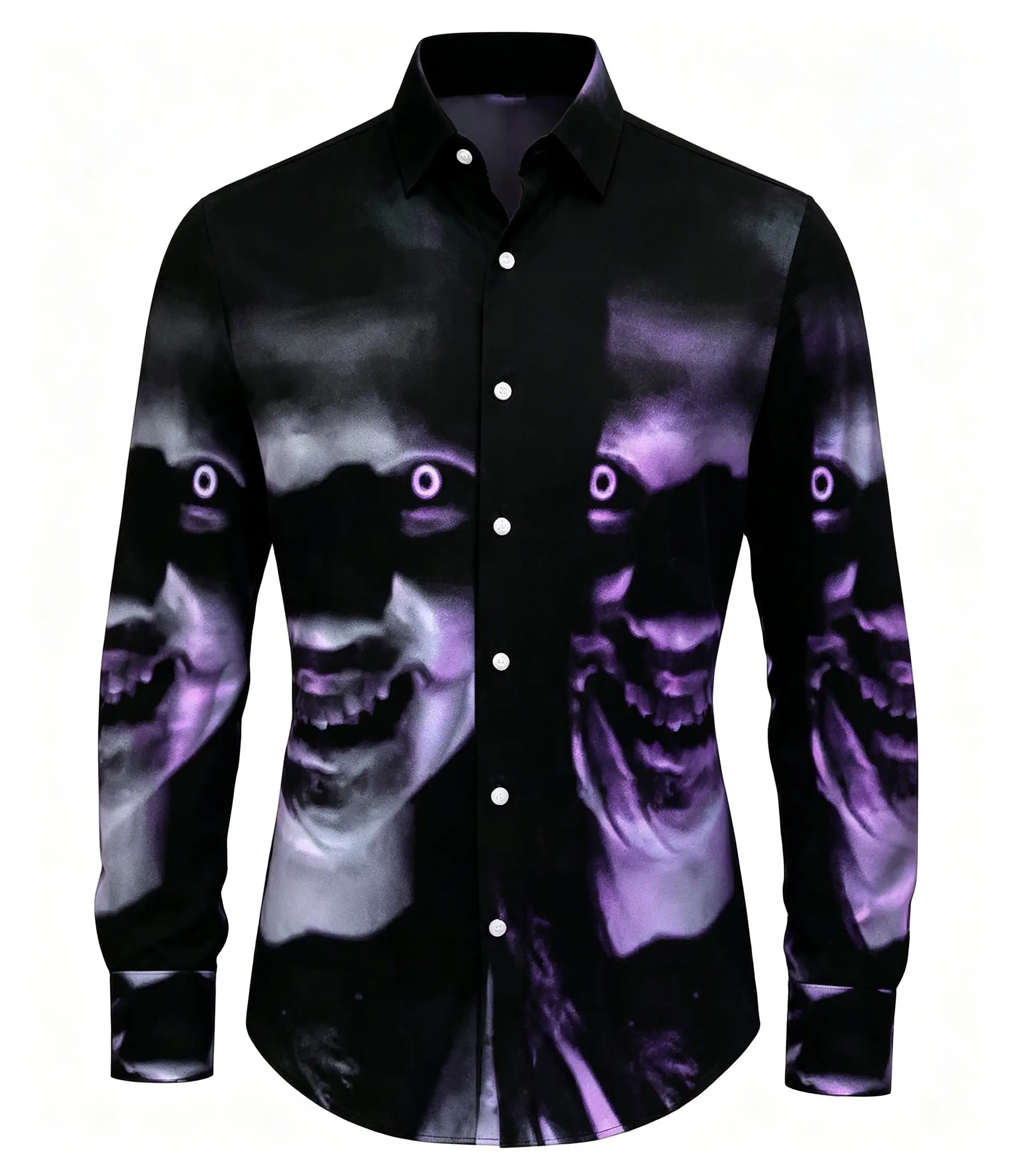Men Long-Sleeve Button-Down Shirt Black White Horror Ghost Face Print Polyester Lapel Collar Halloween Party Top