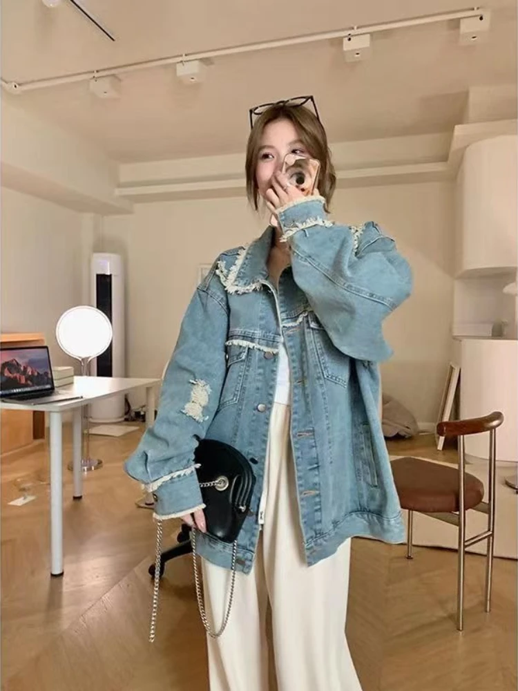 

Eye Catching Women's New Spring Fall Denim Jacket Distressed Frayed Hem Fringe Ripped Oversized Korean Versatile High Quality