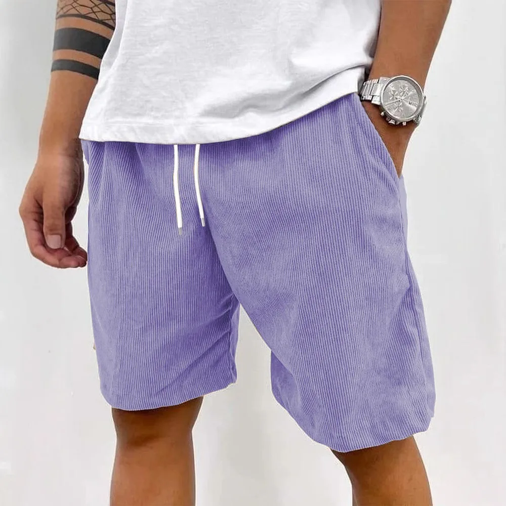 Men's Corduroy Shorts Summer Outdoor Wear Loose Drawstring Solid Color Casual Sports Beach Pants Simple Summer Style