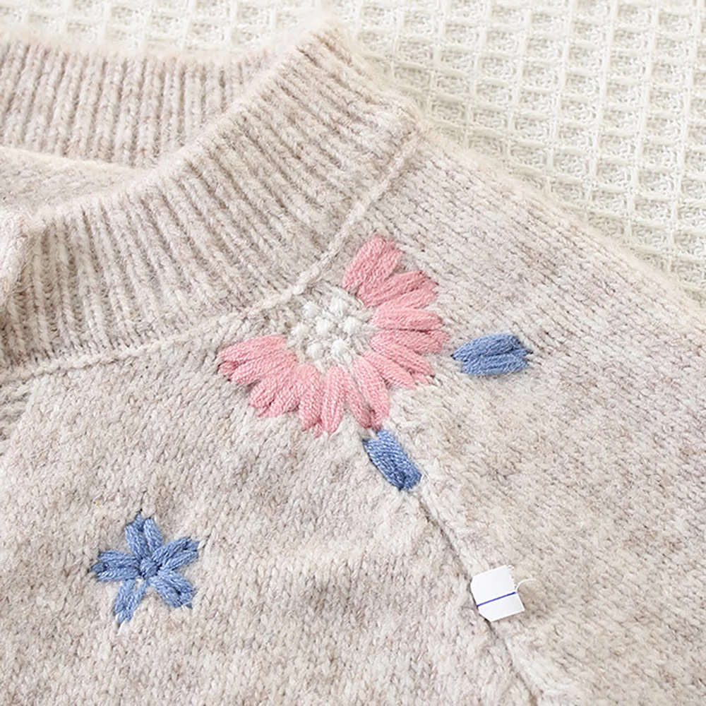 2-7Y Girls Sweaters Single Breast Kids Knit Cardigans Flower Embroidery Girl Knitwear Children Outfit