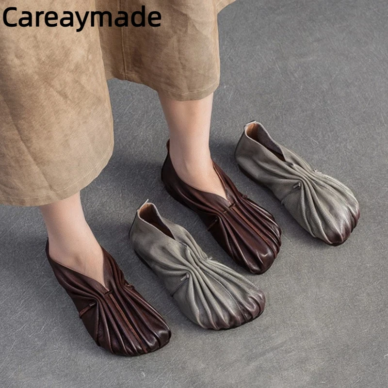

Careaymade - Новые женские туфли-слипоны из натуральной кожи с круглым носком, ручной работы, плиссированные, на мягкой подошве, легкие, осень 2026