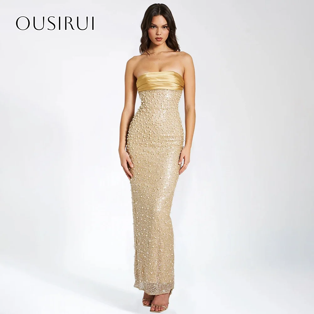 

Sequined Satin Strapless Sheath Evening Gown Sleeveless Customized Back Split Ankle Length فساتين حفلة موسيقية