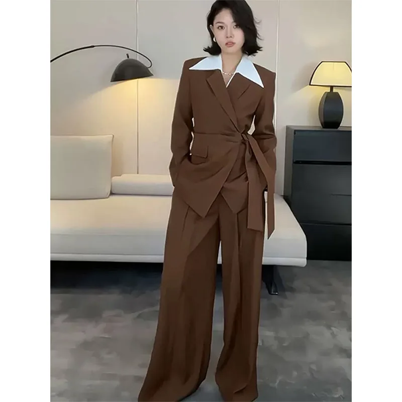 

SuperAen Autumn New Long-sleeved Slimming Waist Oversize Notched Blazer for Women Korean-style Full-length Pants Wide-leg Sets