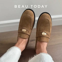 BEAUTODAY Penny Loafers Women Cow Suede Leather Flats Vintage Metal Cion Decor Sewing Female Casual Shoes 26189