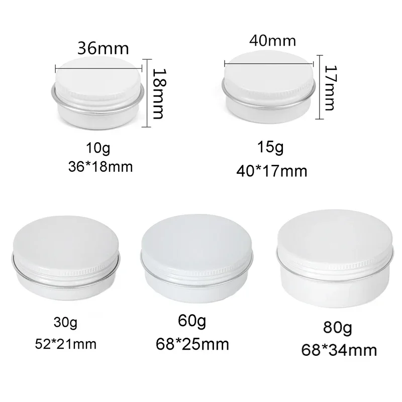 10/20/30Pcs 10/15/30/60/80g Aluminum Tin Jars White Empty Round Aluminum Box Metal Tin Can Screw Thread Lid Candle Tea Candy Box