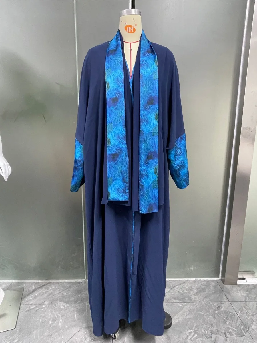 Eid muzułmański hidżab Abaya dla kobiet nadruk rękaw Abayas z szalikiem kardigan Jalabiya imprezowe sukienki Dubai Kaftan Vestidos długa suknia