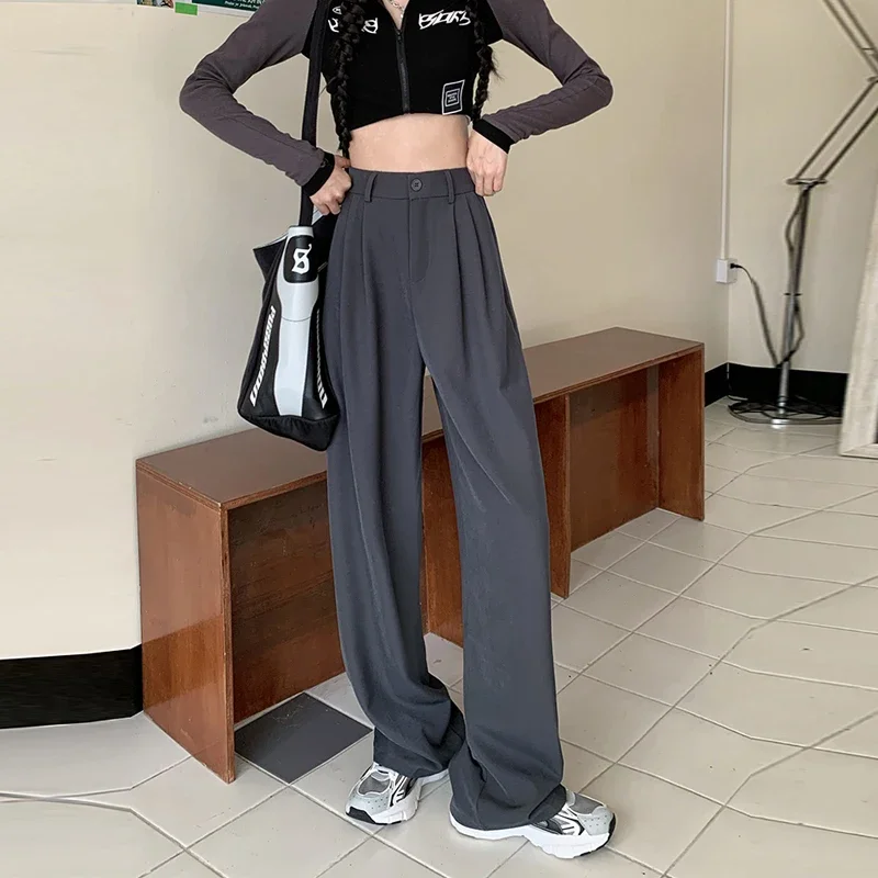 Spring Casual Loose Suit Pants Solid Wide Leg Pockets Long Female Trousers High Waist Women Straight Pants E4610