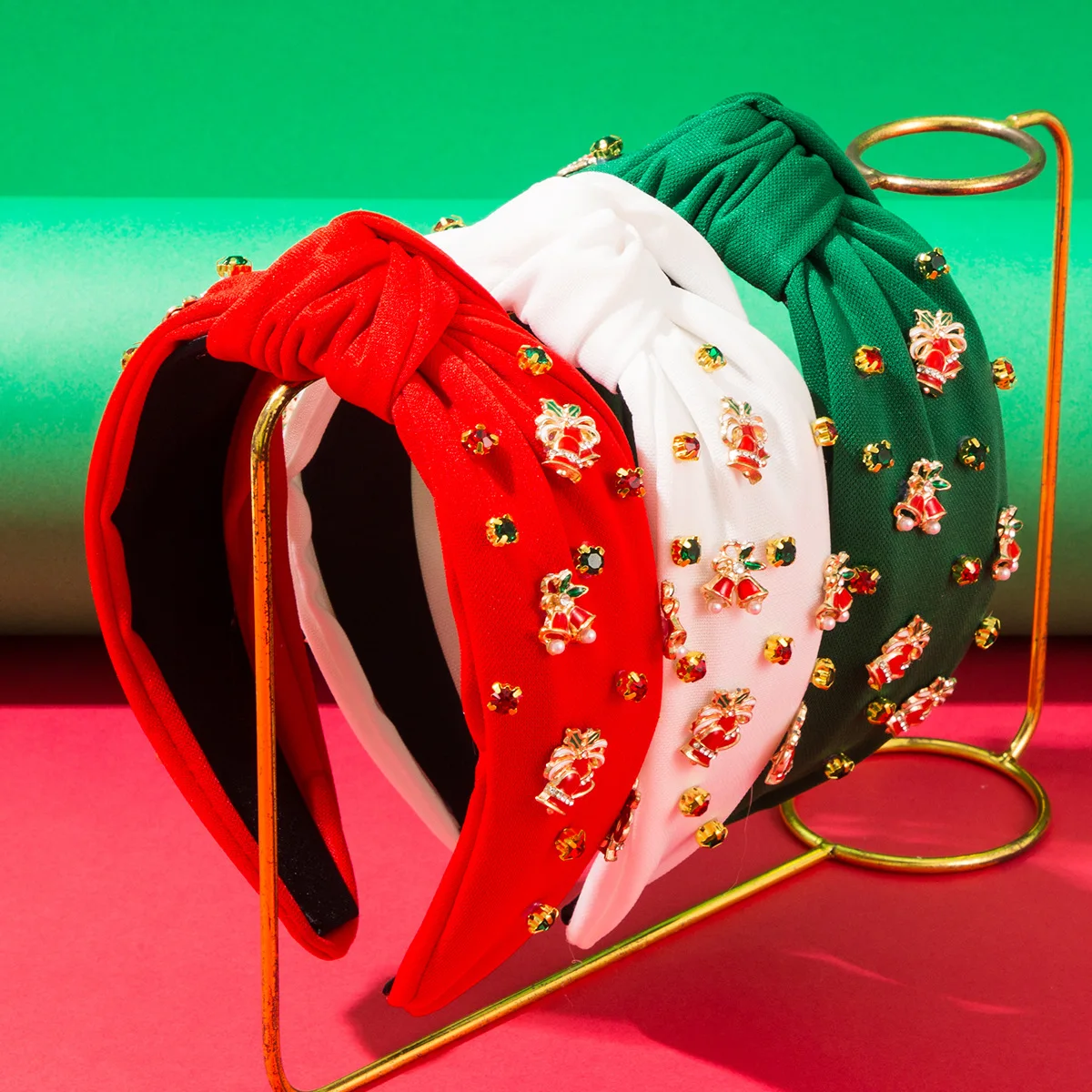 Festive Knot Top Headband Decorated With Tiny Golden Bells Colorful Charm Wide Hair Hoop For Holiday Celebration Hairwear