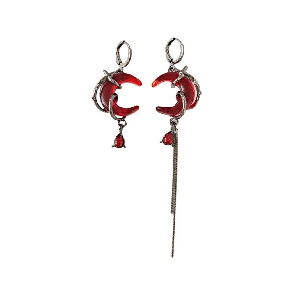 Red Crystal Rhinestone Moon Earrings Tassel Chain Sweet Cool Jewelry Asymmetry Earrings Gothic Style Women Dangle Earrings Gift