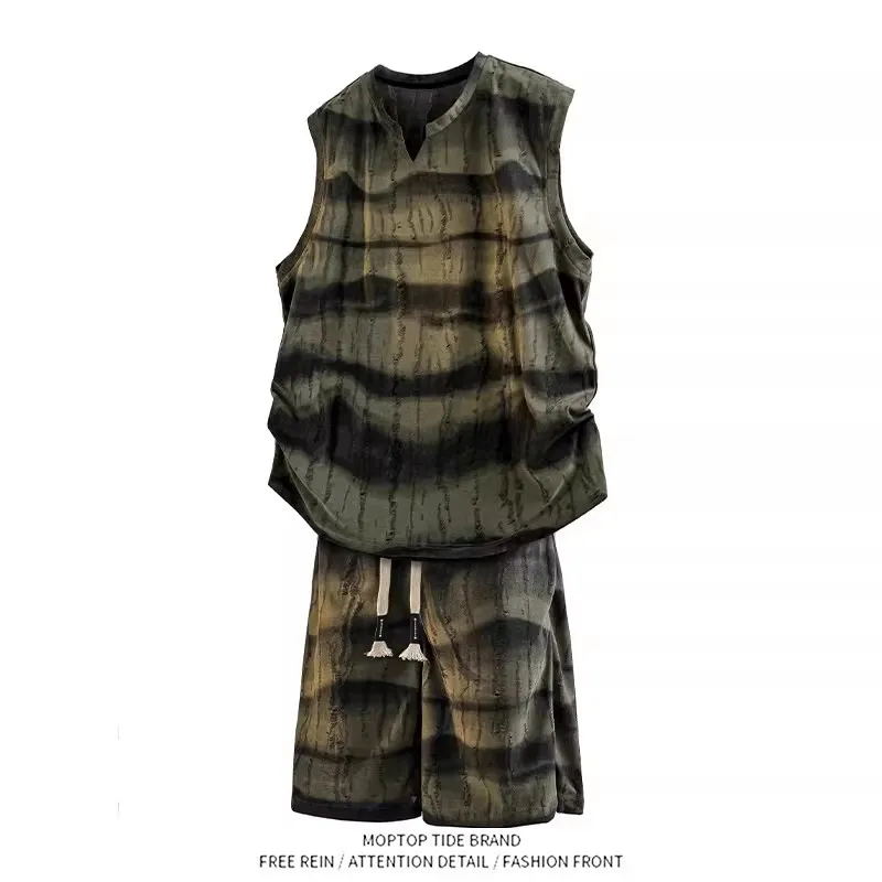 Mr. WH Ice Silk Casual Sports Shoulder Bared Vest Set Men's Summer New Stylish Match Polyester Fiber 100% No Brand Registered