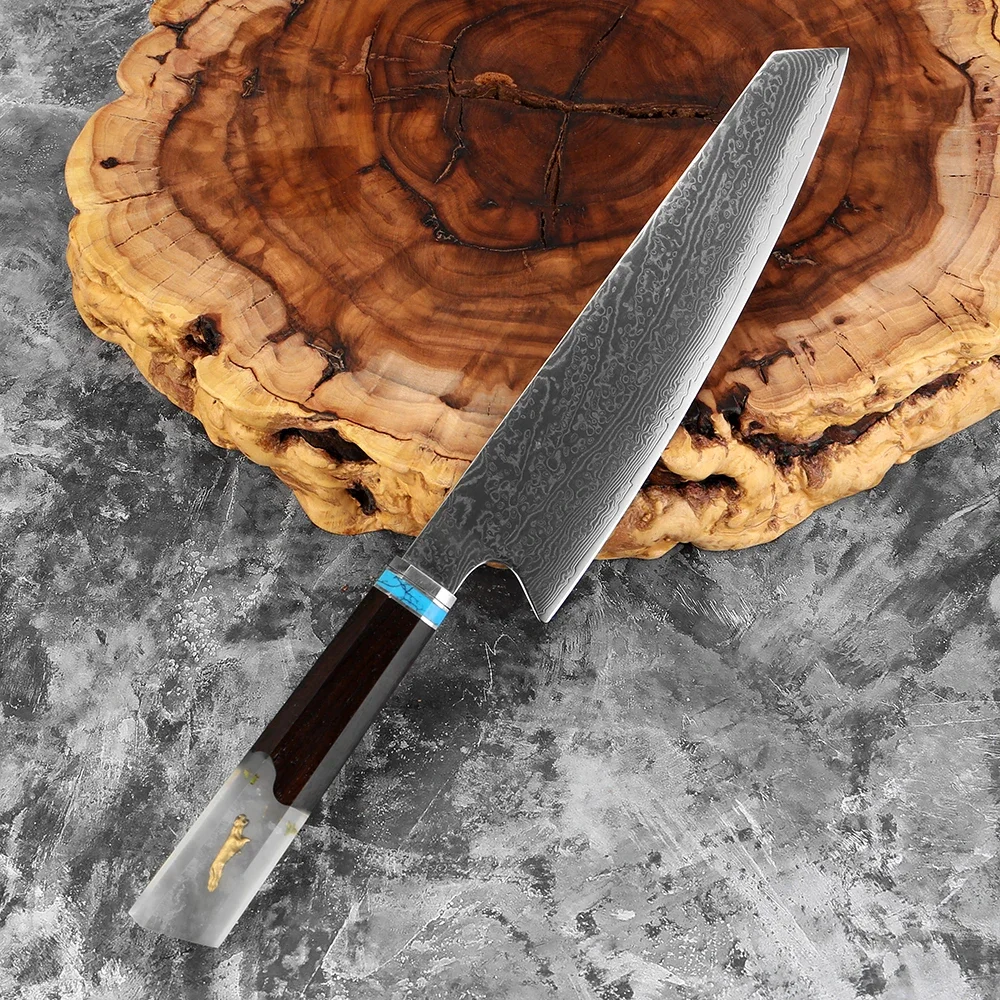 

Нож кирицукэ из дамасской стали, 8 дюймов, с прозрачной рукоятью из смолы и дерева, японский поварской нож для нарезки мяса и овощей