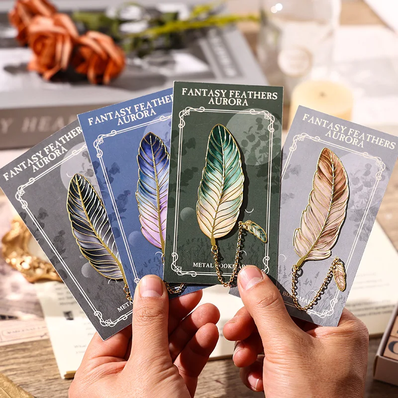 Vintage Aurora Feather Metal Bookmark, Brass Book Page Marker with Tassel Chain, Bookmarks Gift for Book Lovers Reading Supplies view 4