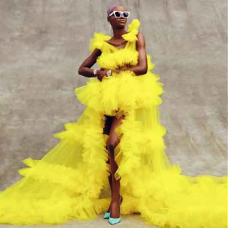 Trendy Bright Yellow Ruched Tulle High Low Women Dresses To Party Bow Straps Long Maxi Gowns Maternity Tutu Tulle Robe