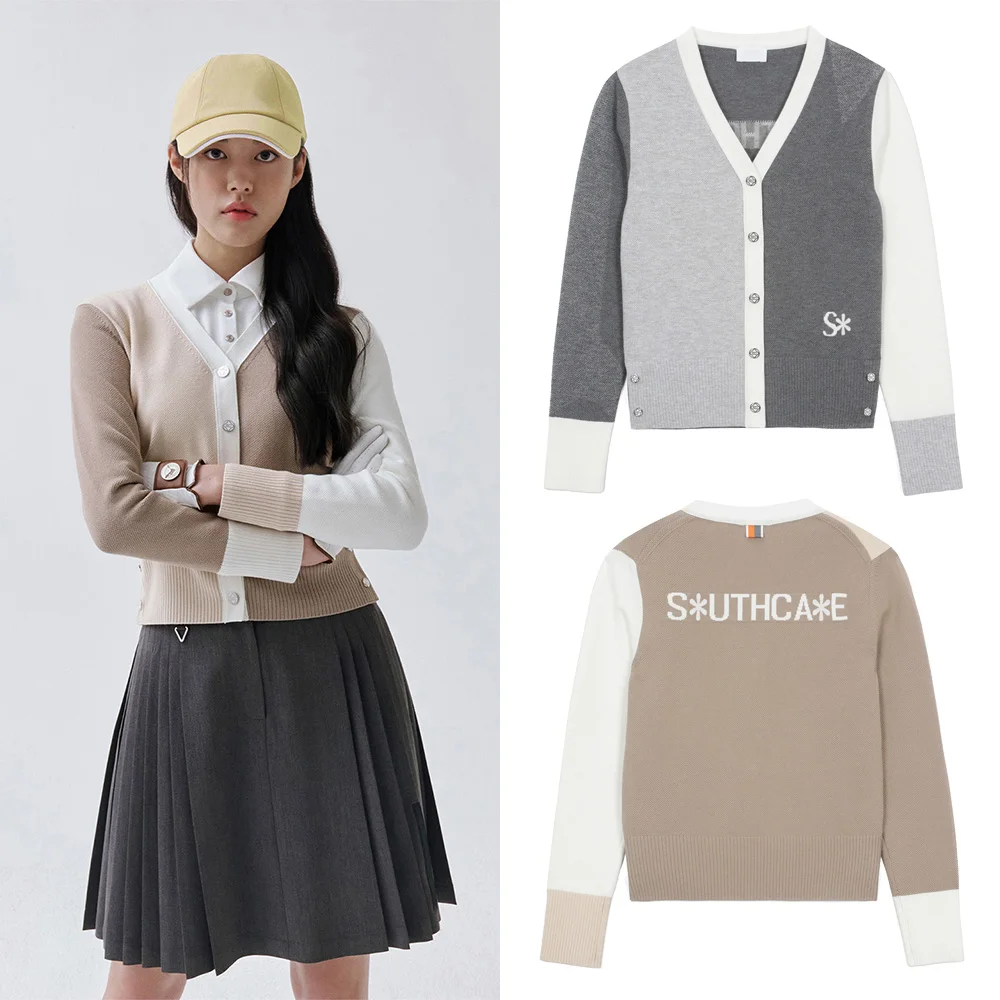 

"Fashionable V-neck Women's Knitted Cardigan! Simple Letter Design, Luxury Brand, Versatile Color-blocked Jacket, Golf!"