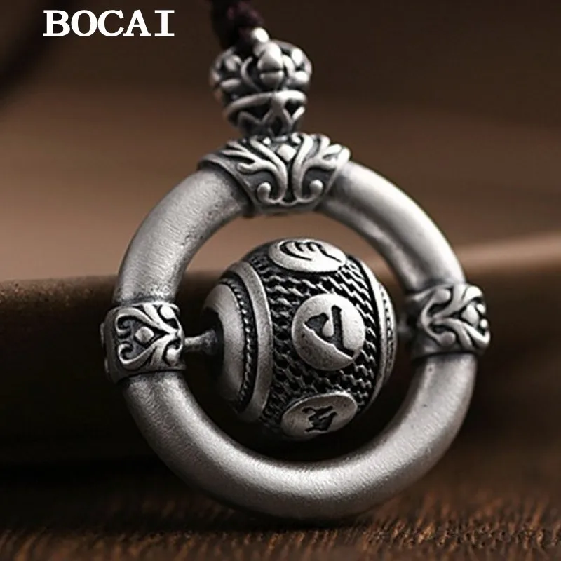 

BOCAI New S999 Sterling Silver Vintage Transport Bead Safety buckle Rotating Six Character Mantra Pendant Male and Female Gift