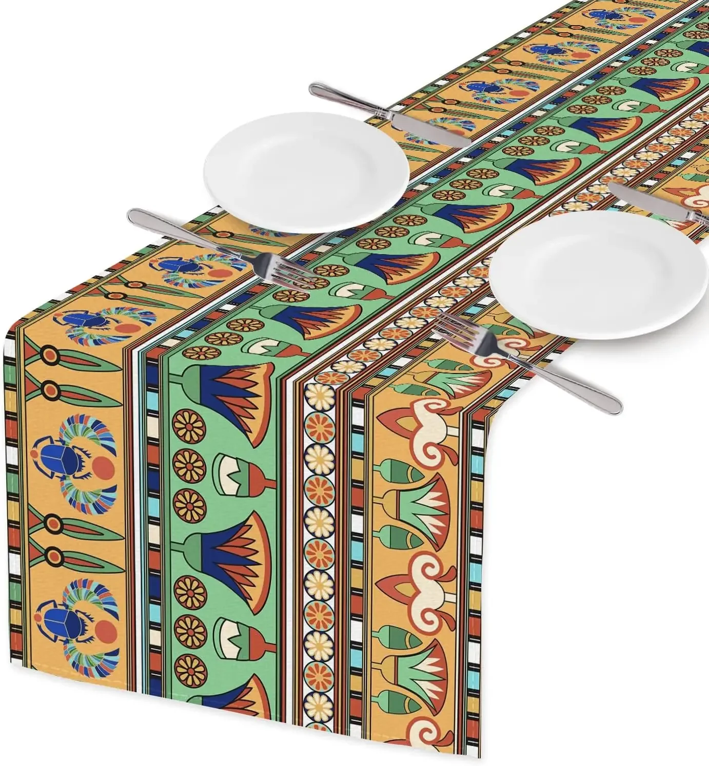 1Pc Ethnic Style Table Runner Multicolor Ancient Egyptian Hieroglyph Pattern Table Cover For Dining Room Kitchen Home Decoration