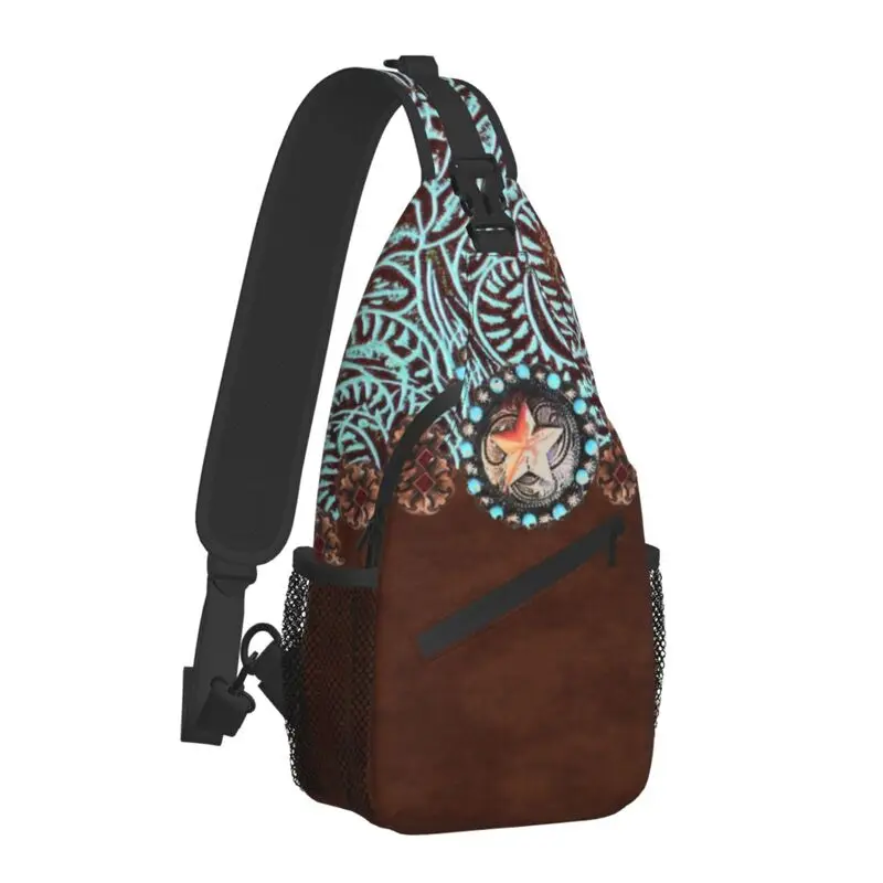 Primitive Cowboy Brown Turquoise Leather Sling Bag for Men Vintage Shoulder Crossbody Chest Backpack Cycling Camping Daypack