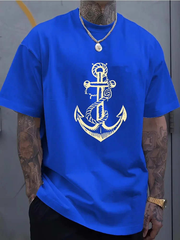 Men's Summer 100 Cotton Fashionable Casual Sports Loose Boat Anchor Pattern Printed Round Neck Short Sleeved T-shirt Top