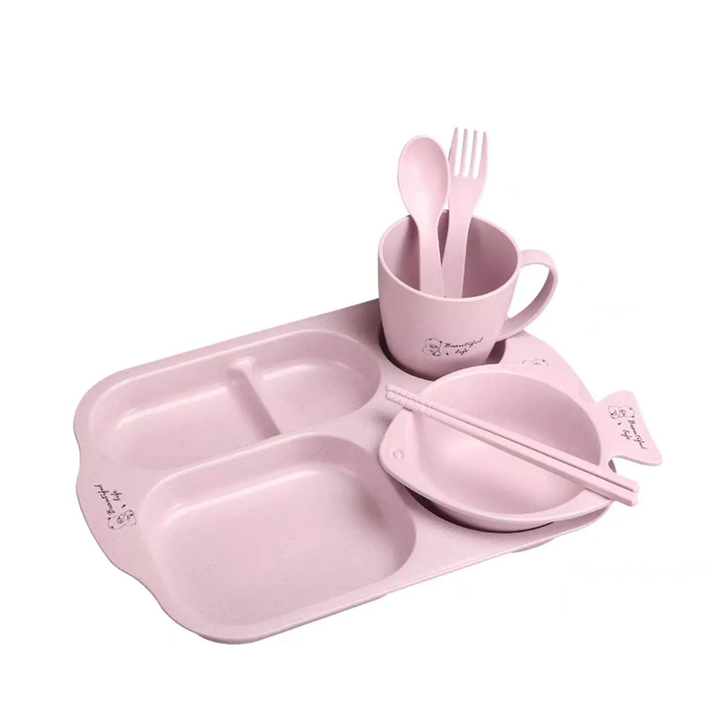 6Pcs/ Set Children's Tableware Set Cartoon Plate Wheat Straw Children's Tableware Anti-scald Training Food Bowl Spoon Fork image 5