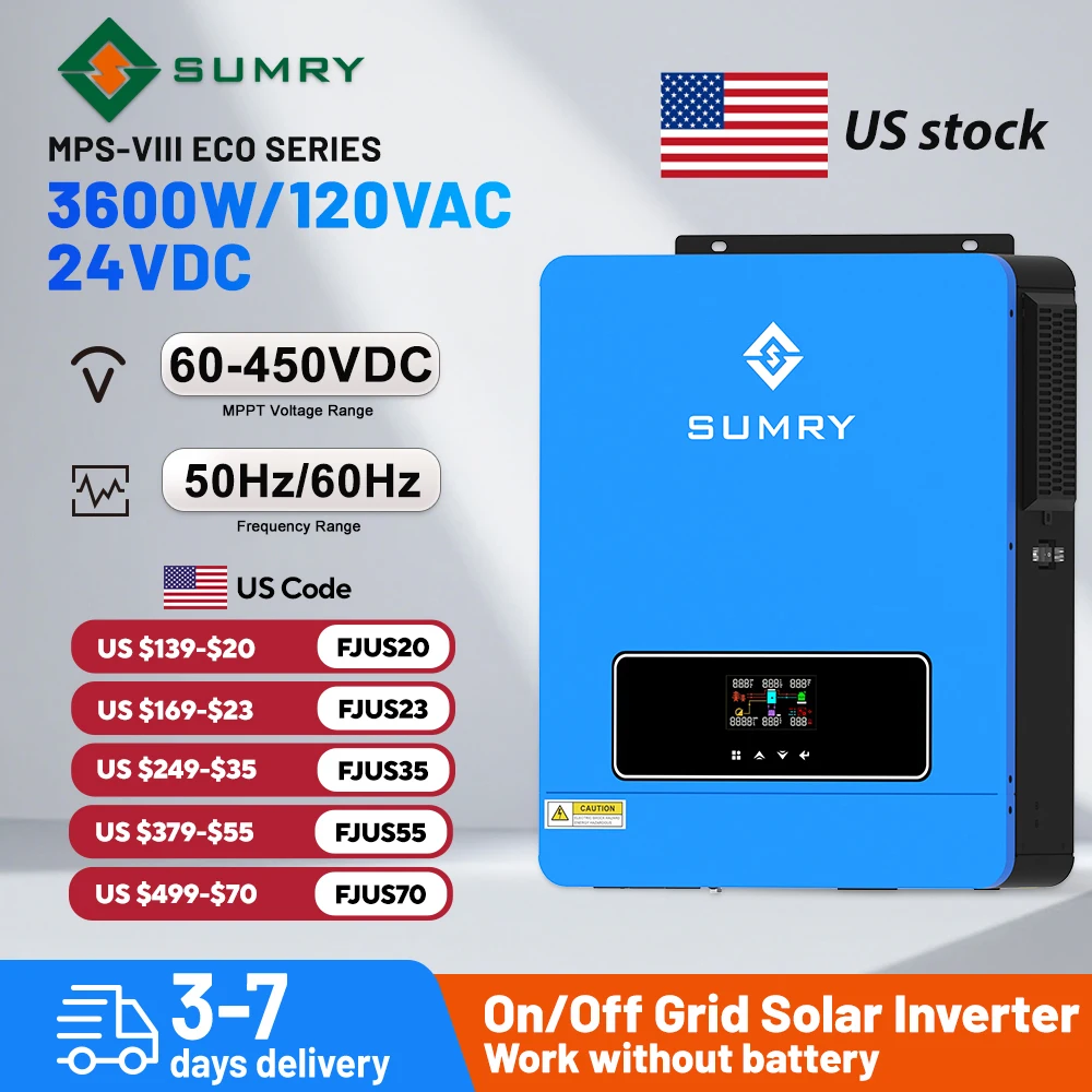 SUMRY Solar Inverter 3.6KW 24V 120V Pure Sine Wave on/Off Grid Inverter MPPT 110A Controller Charger 120A Home Use
