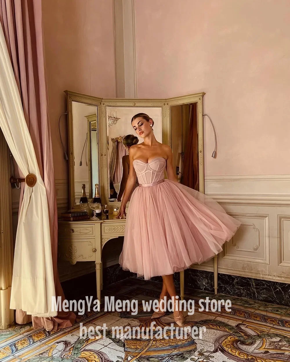ZHUISHU 우아한 핑크 Tulle 댄스 파티 드레스 Strapless a 라인 이브닝 드레스 Sweetheart 민소매 차 길이 공식 가운 맞춤형