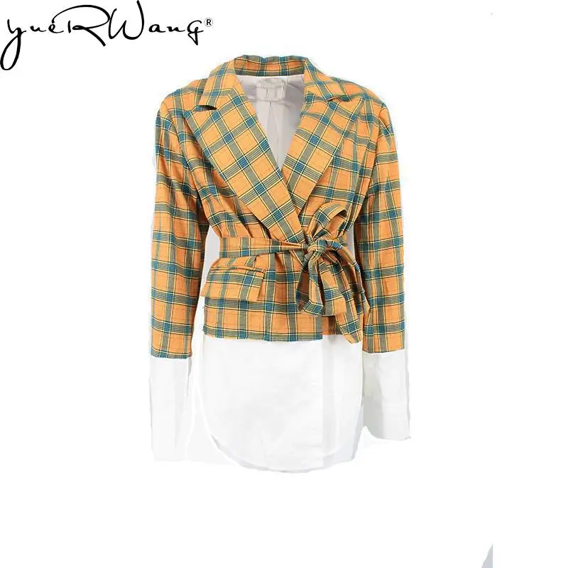 

Yuerwang Women Blazer Coat Plaid Spliced Fake Two patchwork coat Woman Suit Blazer Lace Up Long Fashion Women's Suit Jacket 2022