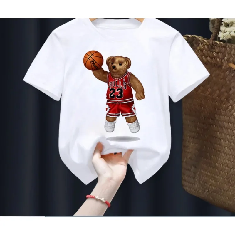 White Summer New Kids T-shirt Cute Little Bear Animal Girls Boys Tees Short SleeveCasual Tops Soccer Teddy Bear