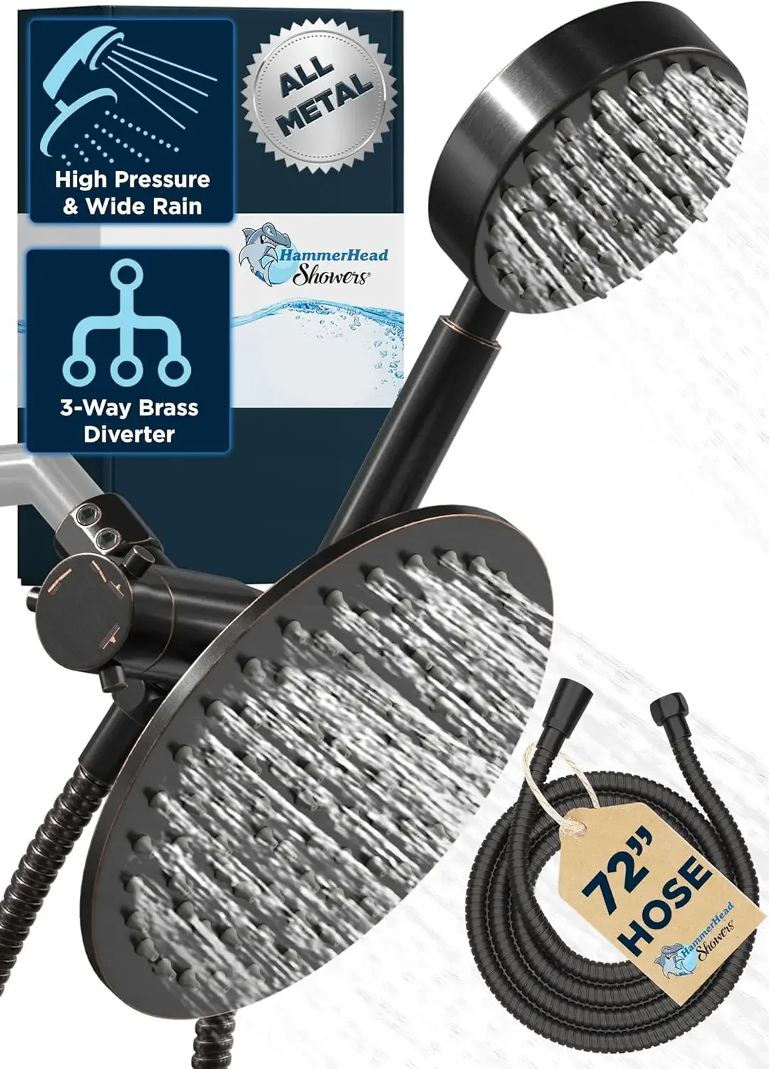 

HammerHead Showers® ALL METAL Dual Shower Head Combo – OIL RUBBED BRONZE – 8 Inch Rainfall High Flow Shower Head & Handheld Show