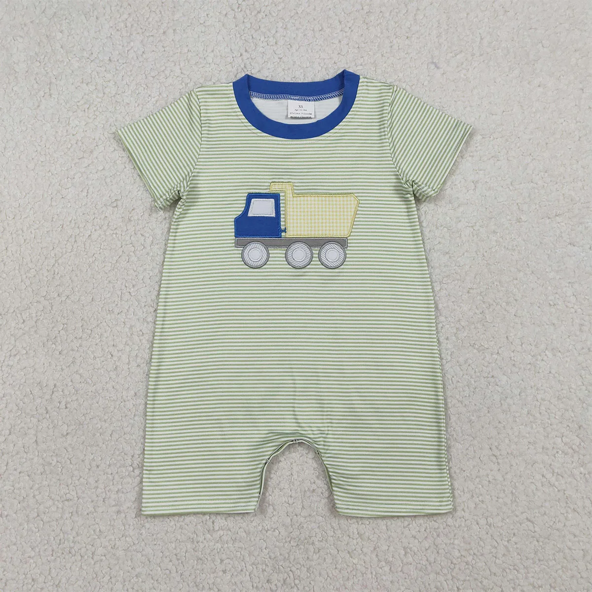 Newborn Embroidery Tractors Baby Boy Short Sleeve Green Stripe Rompers Cutest Kids Jumpsuit Toddler Children Clothing Wholesale