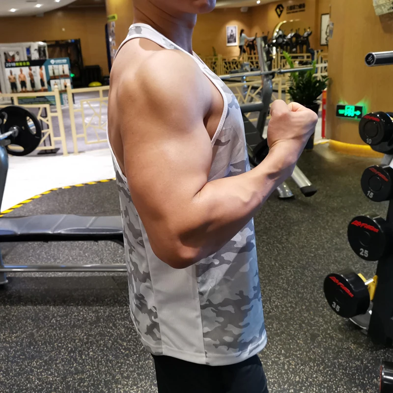 Men White Camouflage I-Shaped Vest Sleeveless Backless Loose Quick-drying Sports Fitness Clothes Training Muscle Shirt