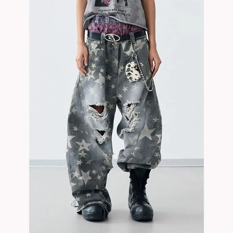 

Oversize Wide Leg Jeans Women Hip Hop Goth Grunge Star Hole Jeans Retro Distressed Denim Pants
