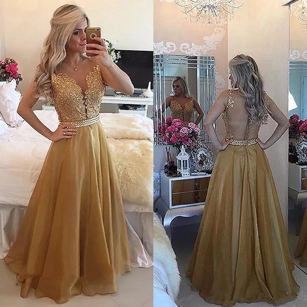 

Gold Shiny Crystals Lace Mother of the Bride Dress Illusion Back Sheer Neck A Line Foor Length Wedding Party Evening Prom Gowns