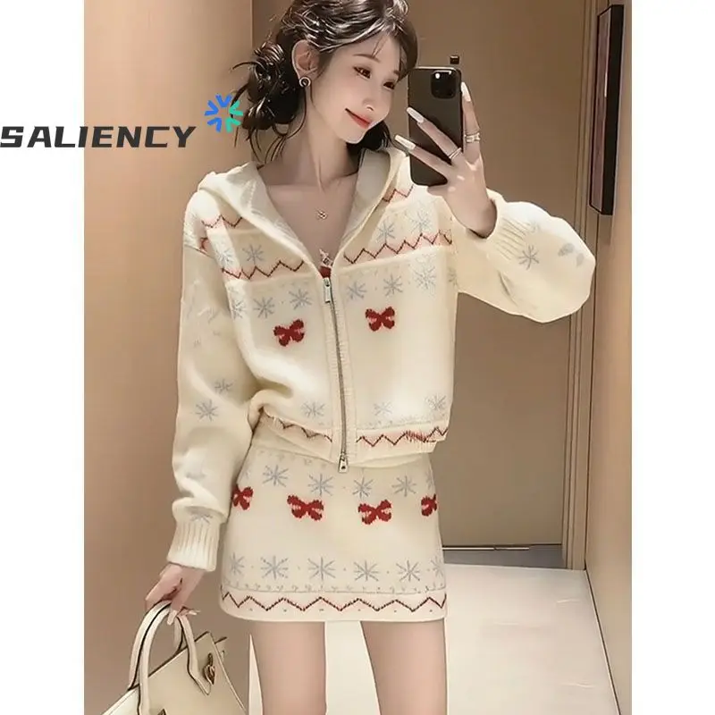 

SALIENCY вязаная винтажная юбка, комплект из 2 предметов, женские топы с капюшоном и длинными рукавами Y2k, мини-юбки с высокой талией Sweet Spice Girl