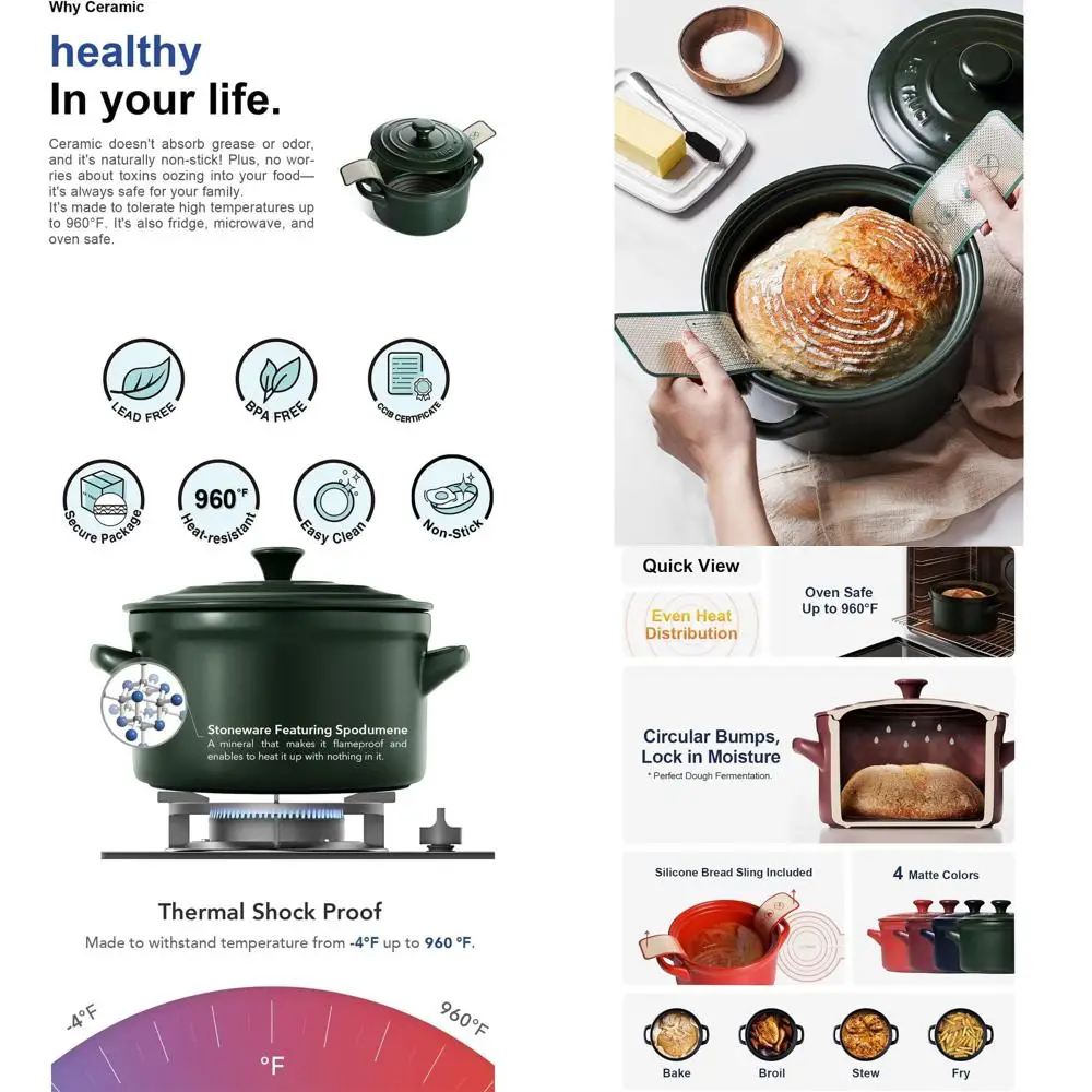 

Forest Green 3-Quart Ceramic Dutch Oven with Silicone Sling - Light, Non-Toxic, No Seasoning, Safe for Oven, Microwave, Dishwash