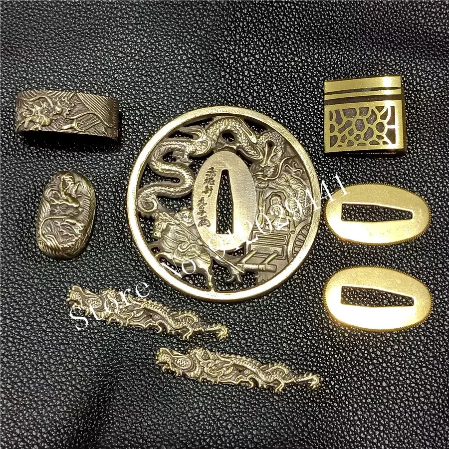 26cm Handle For Japanese Samurai Sword Katana/Wakizashi/Tanto Dragon Guard Accessory Set Brass Tsuba+Menuki+Fuchi+Kashira+Habaki