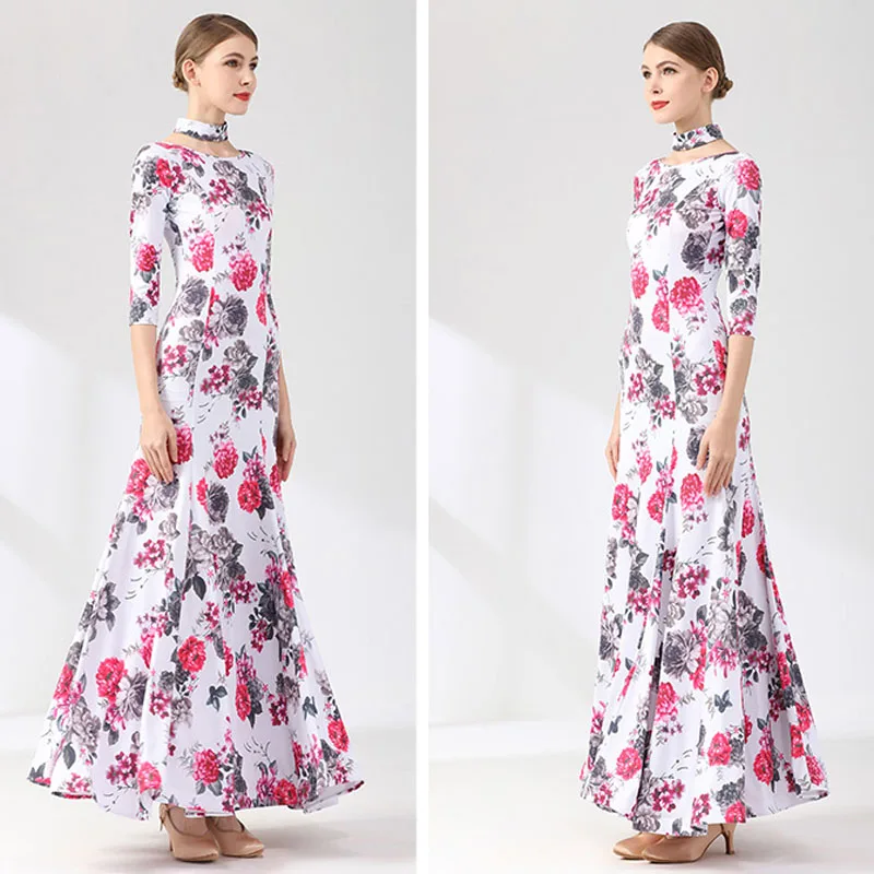 Half Sleeves Floral Printing Standard Ballroom Dress for Women Flamenco Dance Dress Waltz Spanish Dance Costumes Ball Gown