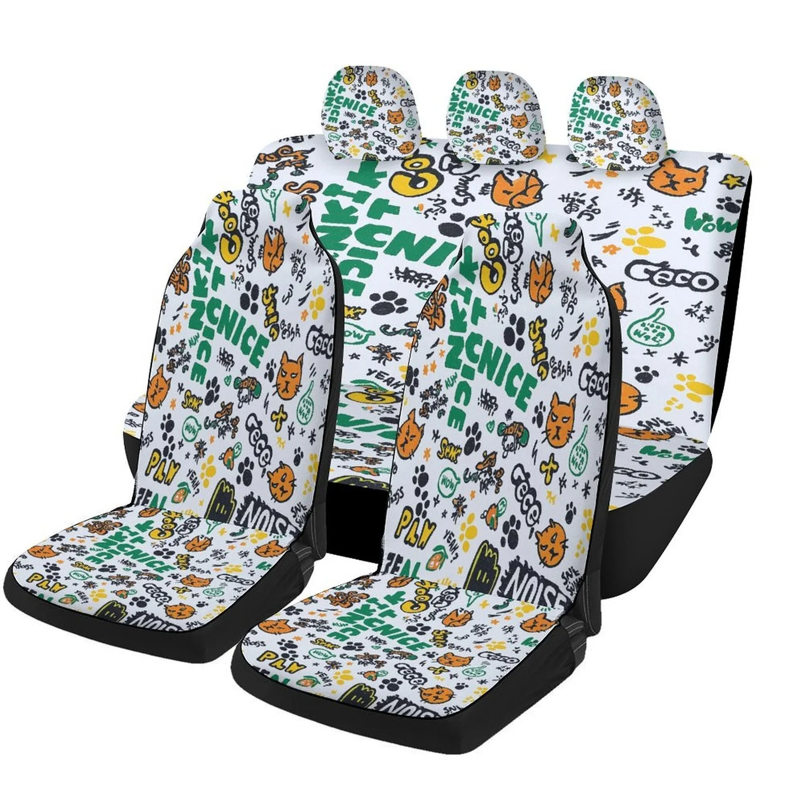 Set Of Car Seat Covers Featuring A Cat Pattern, Suitable For Various Vehicles. Stylish And Breathable, These Decorative Covers P