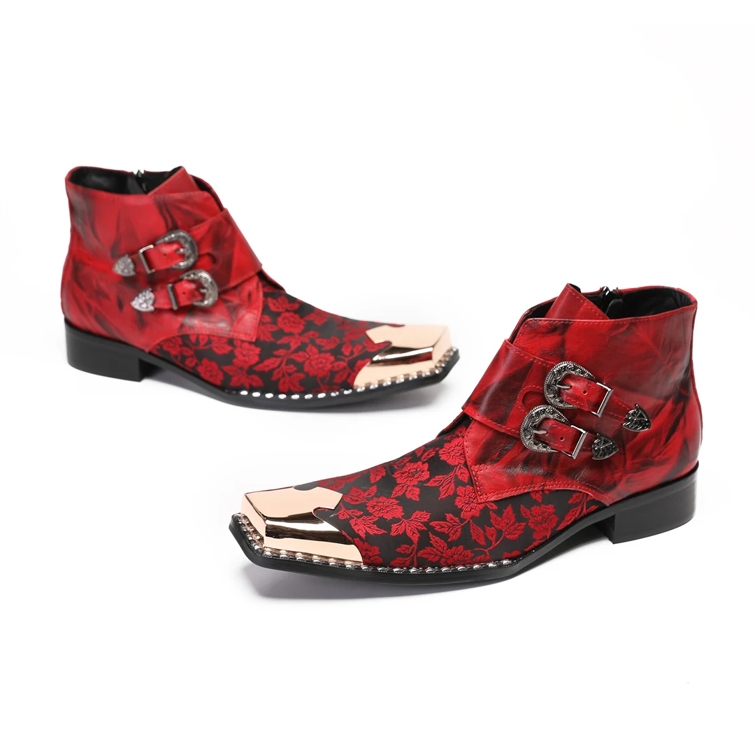 

Fashion Red Floral Men Genuine Leather Club Party Ankle Boots Square Toe Buckle Strap Short Boots Plus Size Formal Dress Shoes